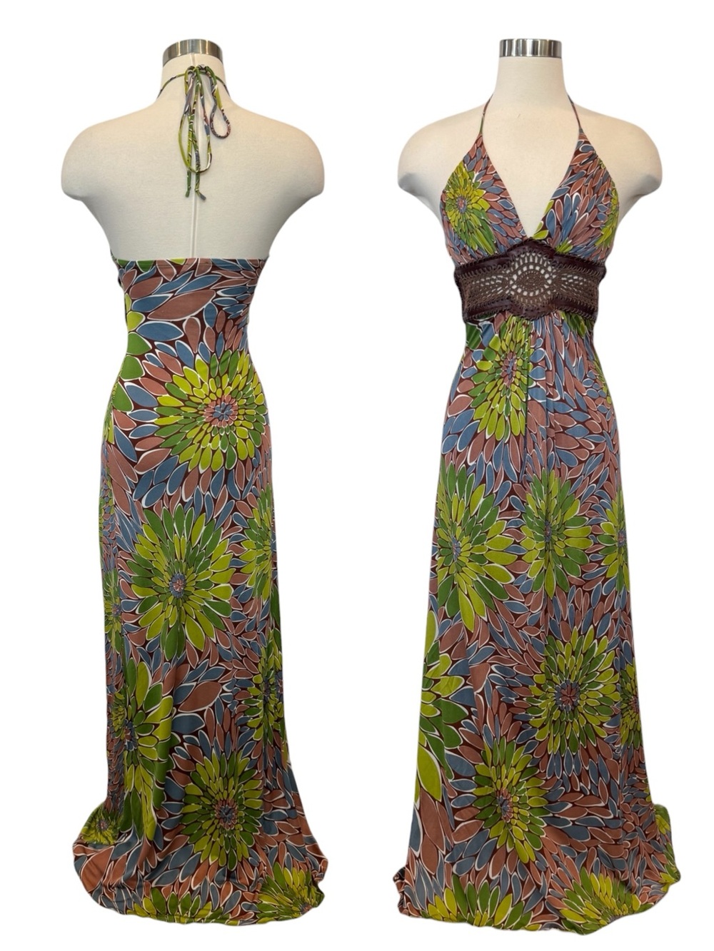 SKY NWT 100% Silk Green Brown Crochet Belt Keyhole Halter Maxi Gown Slip Dress - Picture 2 of 9